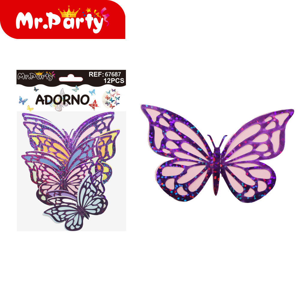 Adornos Mariposa Holográfica 3D para Pared y Fiestas | 12 pzas | Tornasol Brillante