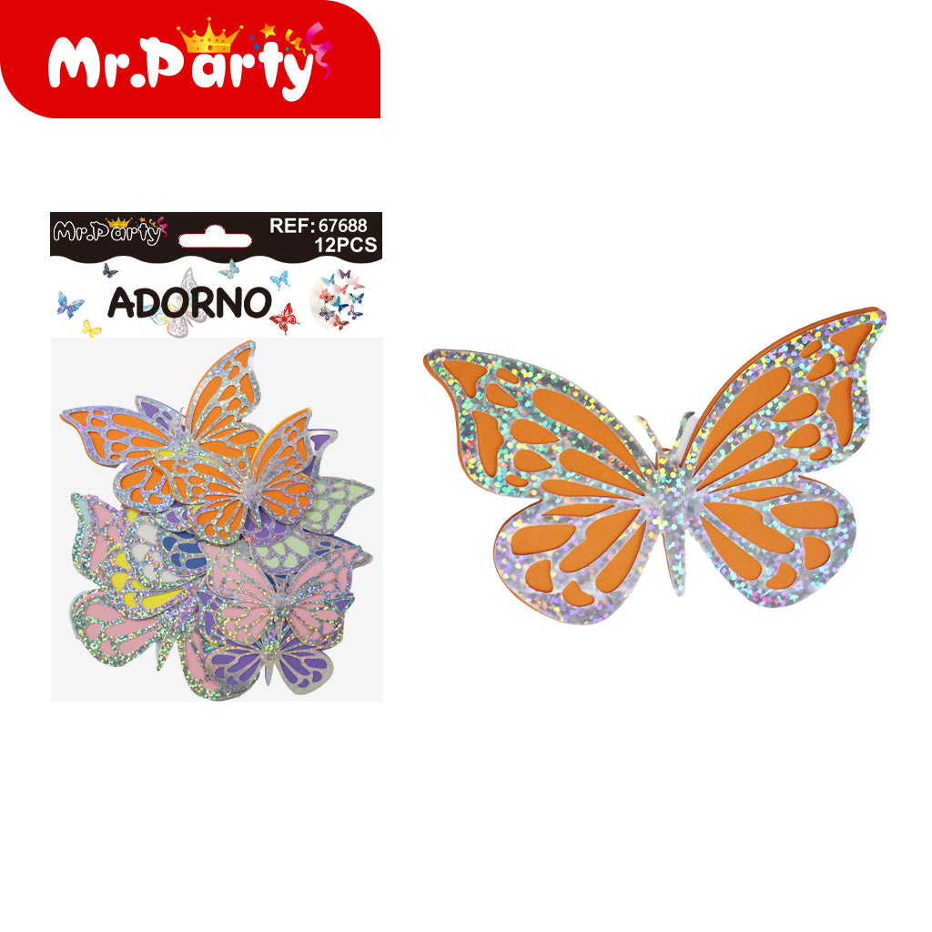 Adornos Mariposa Holográfica 3D para Pared y Fiestas | 12 pzas | Tornasol Brillante