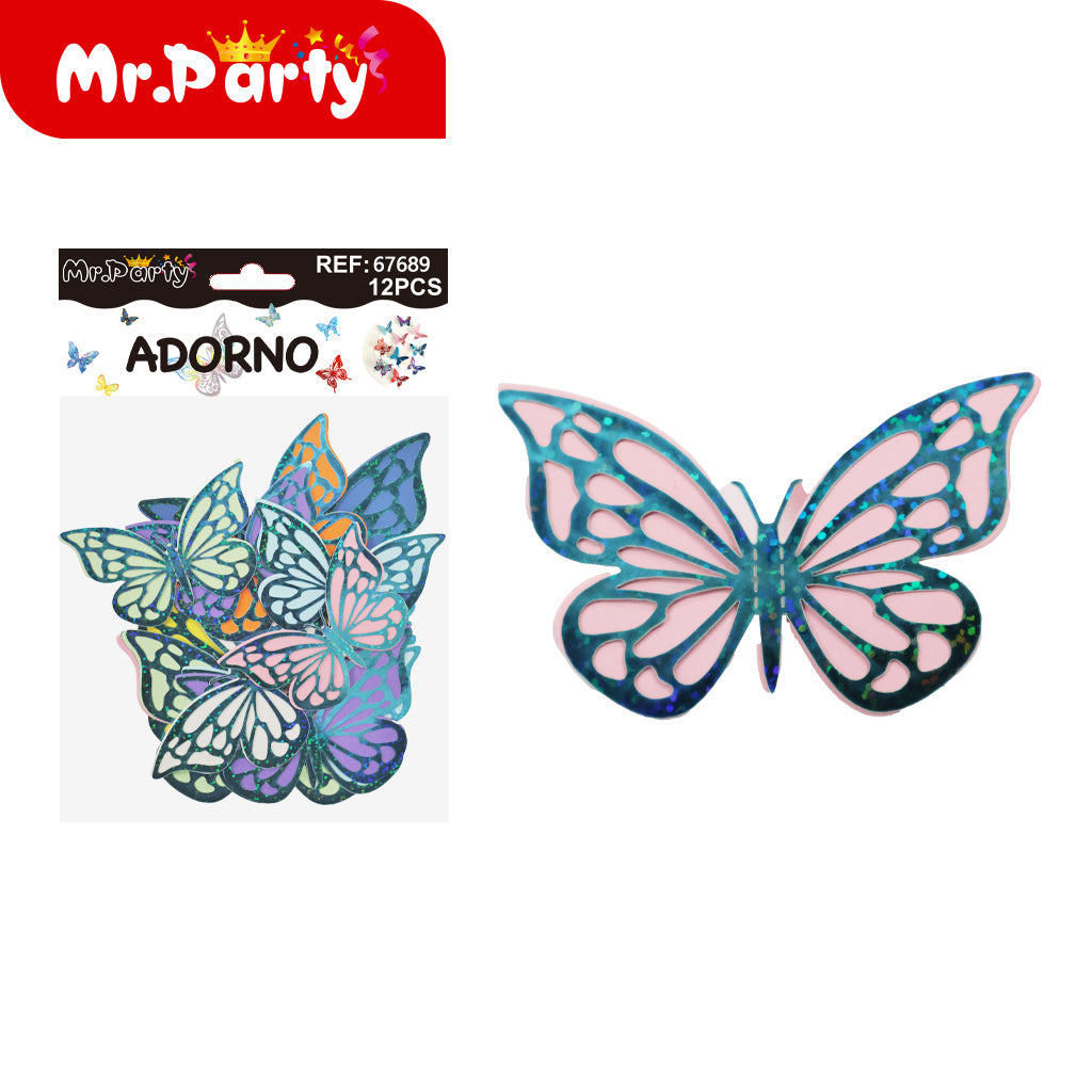 Adornos Mariposa Holográfica 3D para Pared y Fiestas | 12 pzas | Tornasol Brillante- Mayoreo 12 pzas