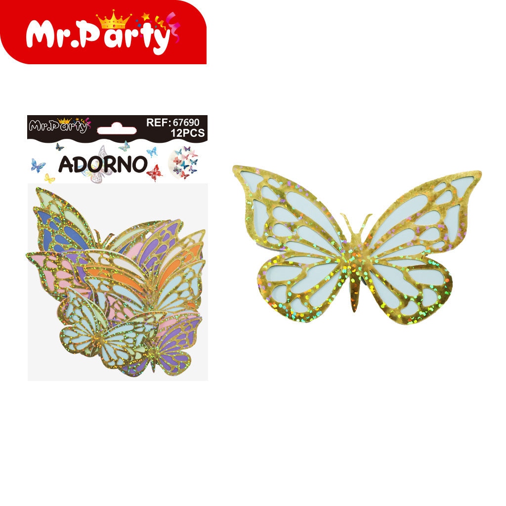 Adornos Mariposa Holográfica 3D para Pared y Fiestas | 12 pzas | Tornasol Brillante
