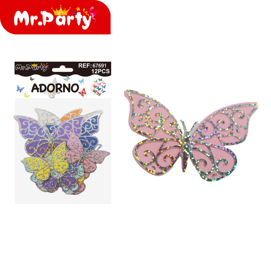 Adornos Mariposa Holográfica 3D para Pared y Fiestas | 12 pzas | Tornasol Brillante