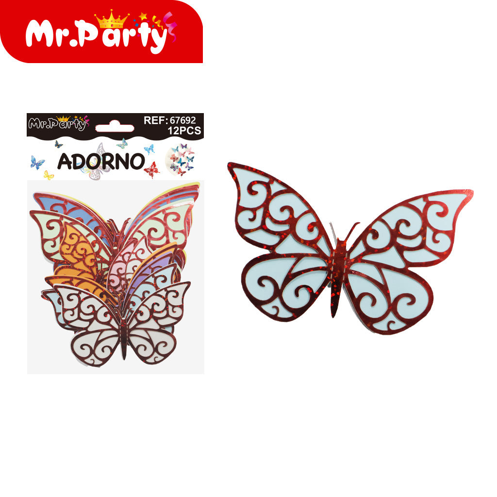 Adornos Mariposa Holográfica 3D para Pared y Fiestas | 12 pzas | Tornasol Brillante- Mayoreo 12 pzas