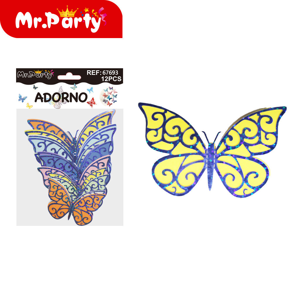 Adornos Mariposa Holográfica 3D para Pared y Fiestas | 12 pzas | Tornasol Brillante