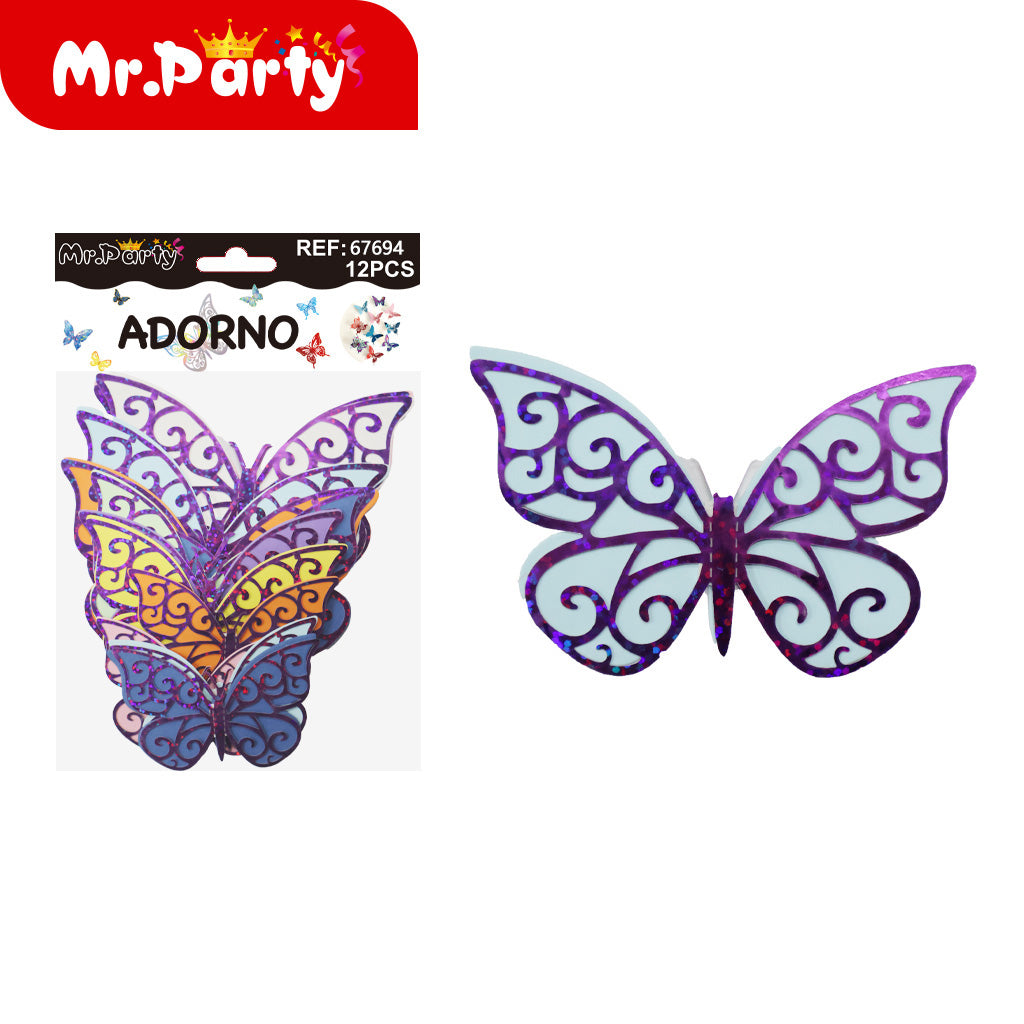 Adornos Mariposa Holográfica 3D para Pared y Fiestas | 12 pzas | Tornasol Brillante