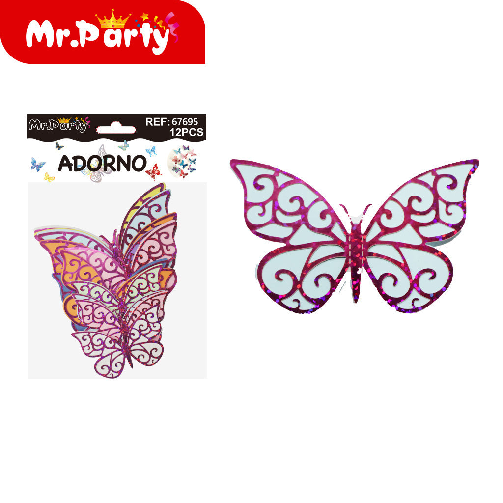 Adornos Mariposa Holográfica 3D para Pared y Fiestas | 12 pzas | Tornasol Brillante- Mayoreo 12 pzas