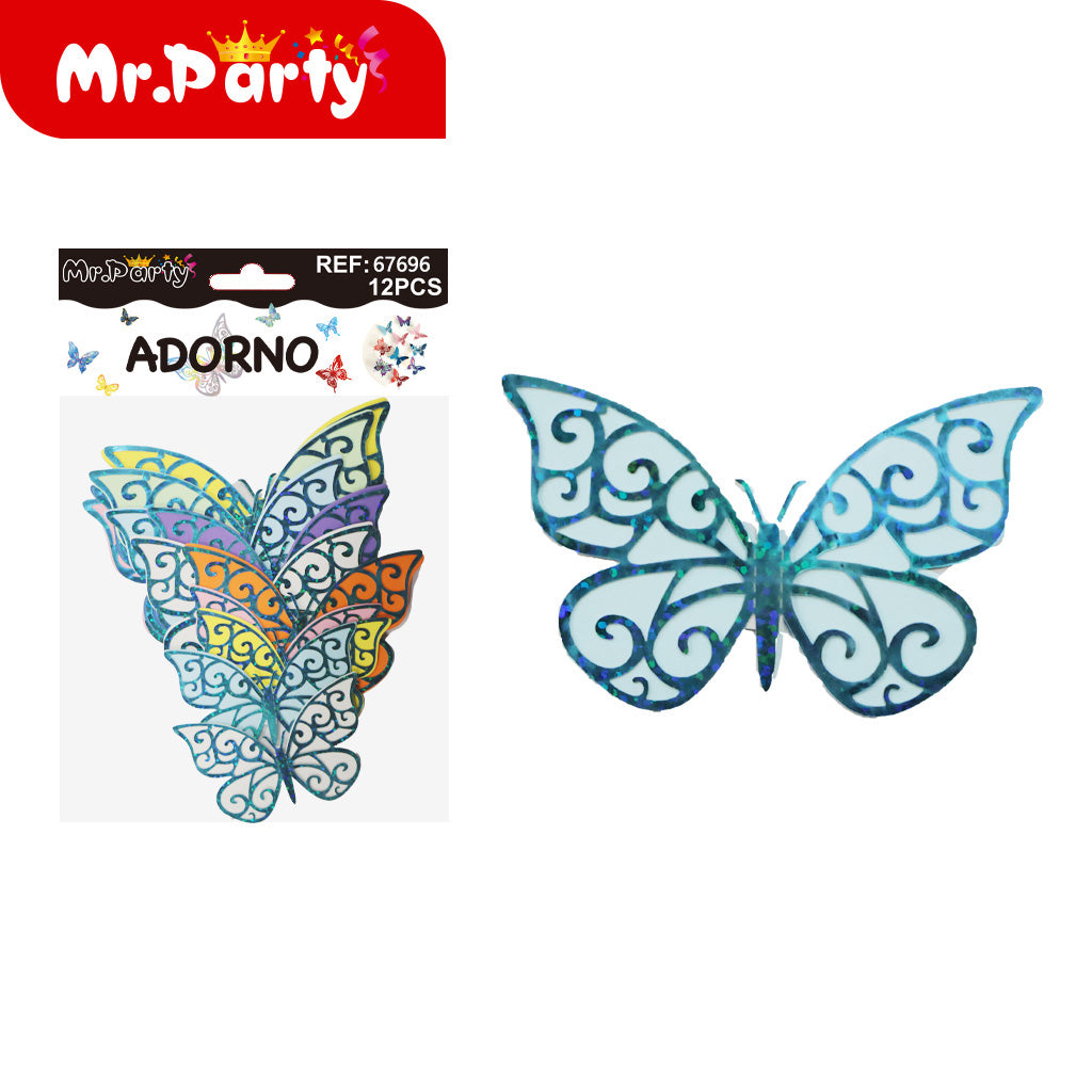 Adornos Mariposa Holográfica 3D para Pared y Fiestas | 12 pzas | Tornasol Brillante