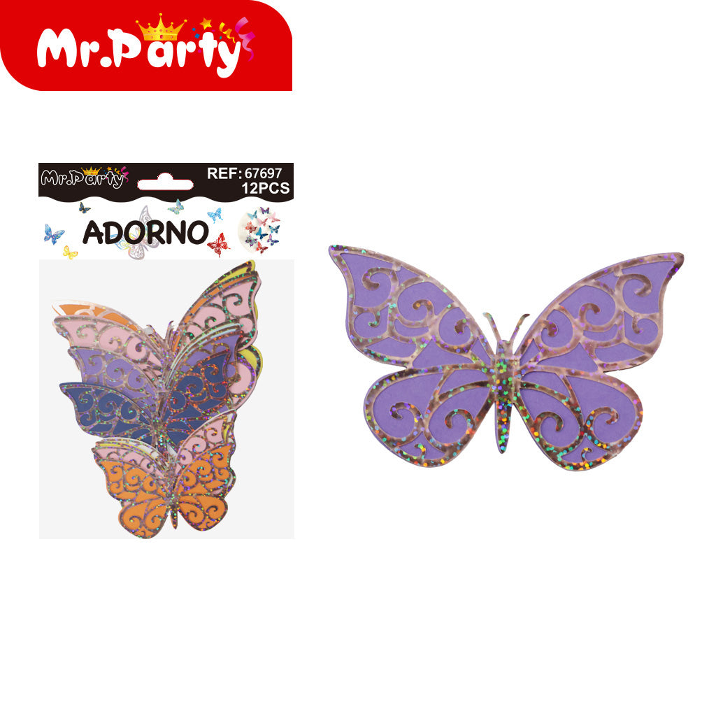 Adornos Mariposa Holográfica 3D para Pared y Fiestas | 12 pzas | Tornasol Brillante- Mayoreo 12 pzas