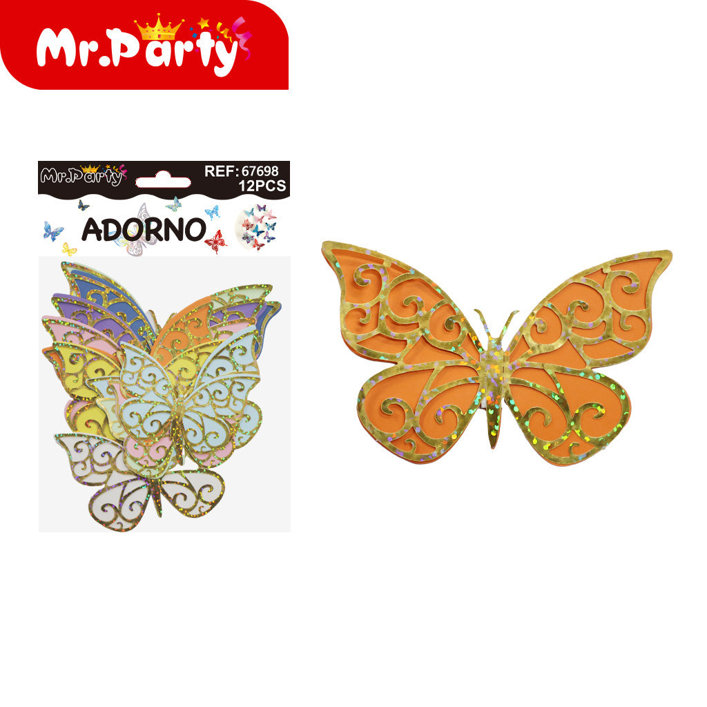 Adornos Mariposa Holográfica 3D para Pared y Fiestas | 12 pzas | Tornasol Brillante
