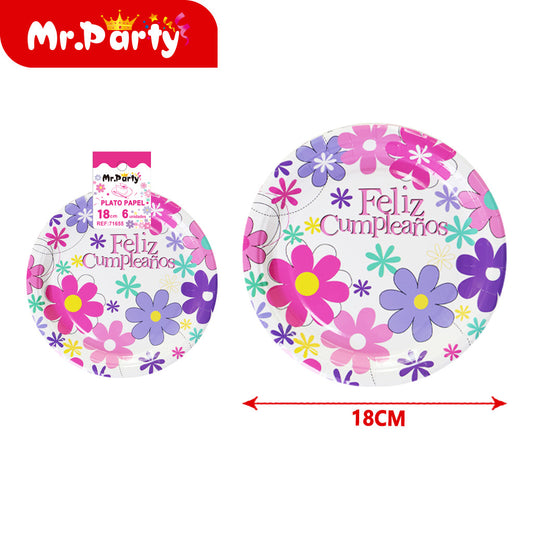 Plato de flores t105ds de 7 pulgadas con feliz cunpleanos en (12paquetes)