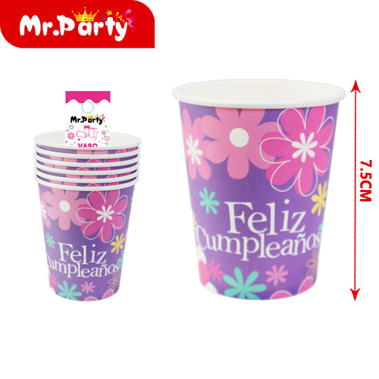 Vasos de papel con flores t105ds con texto en español "feliz (12paquetes)