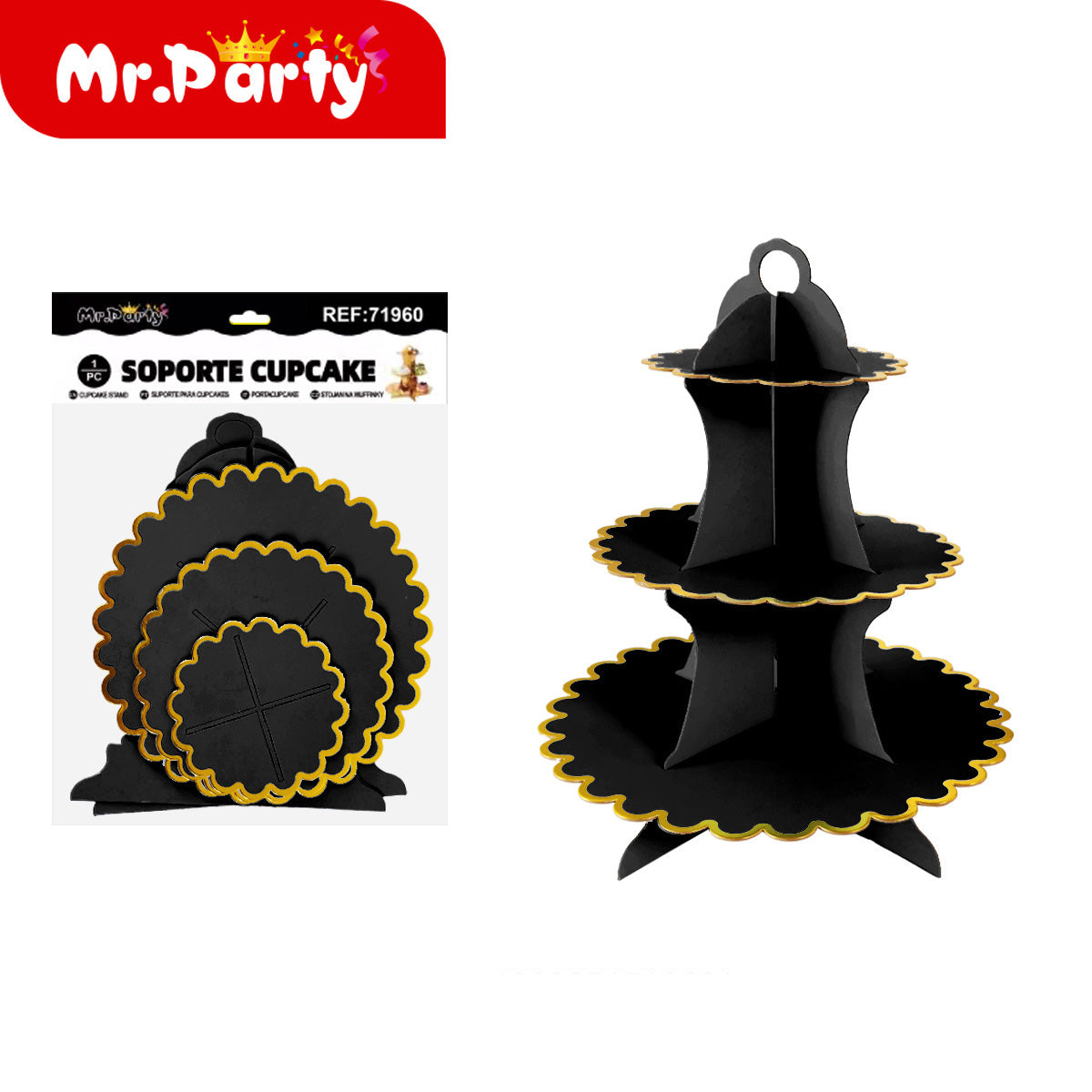 🧁✨ Soporte para Cupcakes 3 Niveles con Orilla Dorada | Torre Exhibidora para Mesa de Dulces | Mr. Party