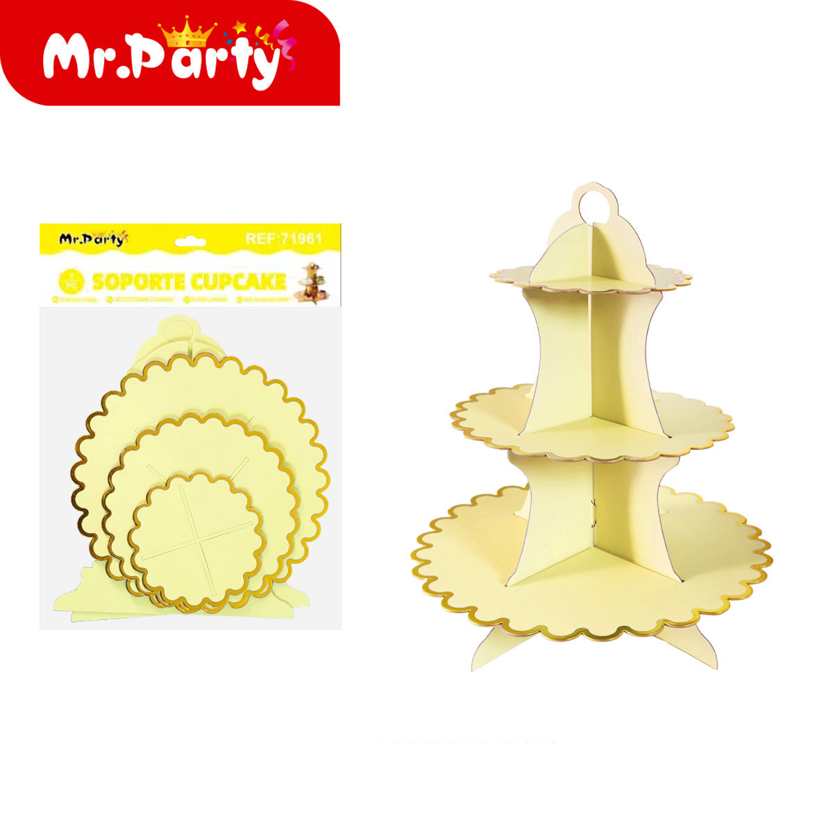 🧁✨ Soporte para Cupcakes 3 Niveles con Orilla Dorada | Torre Exhibidora para Mesa de Dulces | Mr. Party
