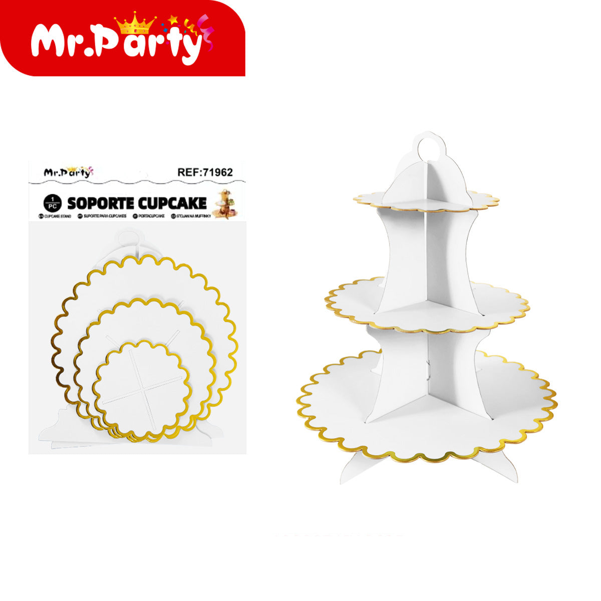 🧁✨ Soporte para Cupcakes 3 Niveles con Orilla Dorada | Torre Exhibidora para Mesa de Dulces | Mr. Party