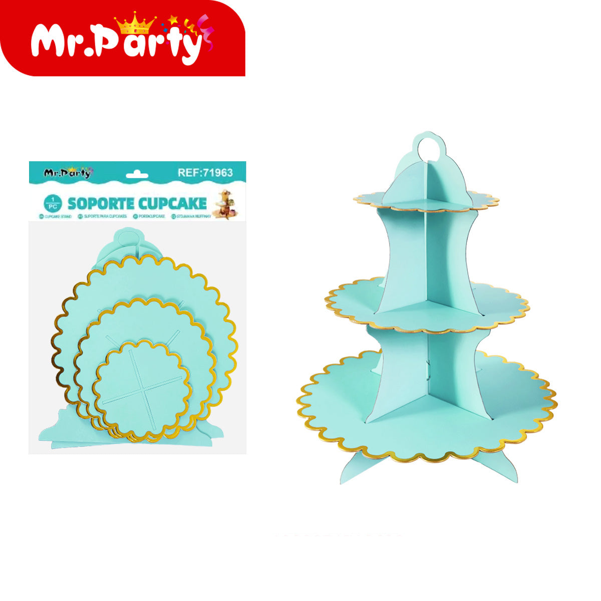 🧁✨ Soporte para Cupcakes 3 Niveles con Orilla Dorada | Torre Exhibidora para Mesa de Dulces | Mr. Party