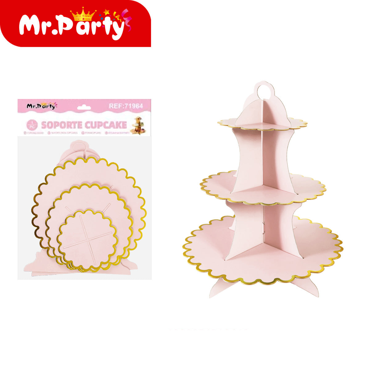 🧁✨ Soporte para Cupcakes 3 Niveles con Orilla Dorada | Torre Exhibidora para Mesa de Dulces | Mr. Party