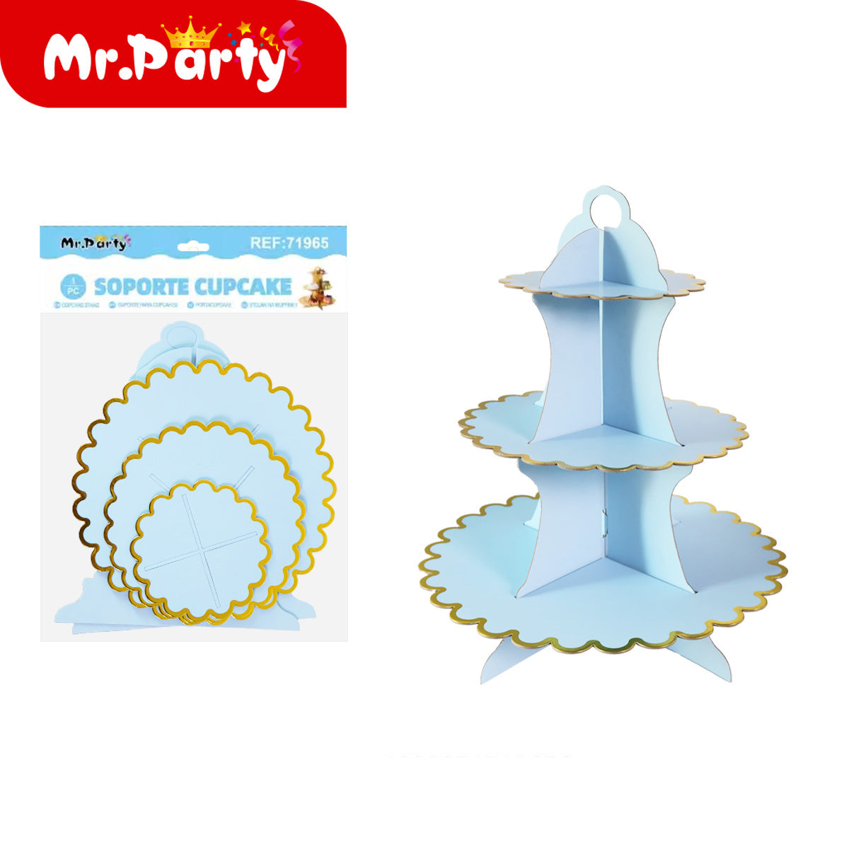🧁✨ Soporte para Cupcakes 3 Niveles con Orilla Dorada | Torre Exhibidora para Mesa de Dulces | Mr. Party