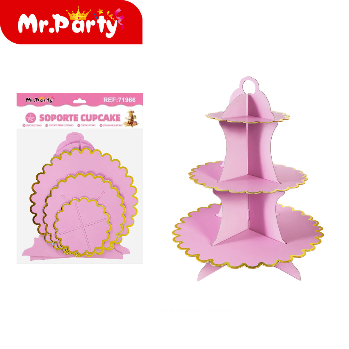 🧁✨ Soporte para Cupcakes 3 Niveles con Orilla Dorada | Torre Exhibidora para Mesa de Dulces | Mr. Party