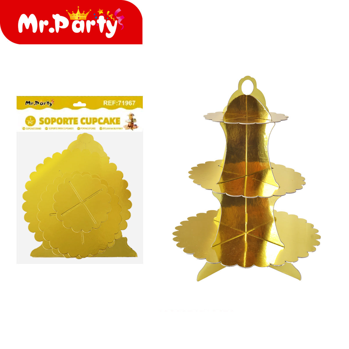 🧁✨ Soporte para Cupcakes 3 Niveles con Orilla Dorada | Torre Exhibidora para Mesa de Dulces | Mr. Party