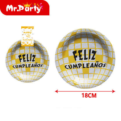 Platos de Papel Disco 18 cm (6 pzas) 🎉🪩 | Feliz Cumpleaños y Fiesta Temática- Mayoreo 12 pzas