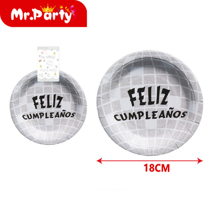 Platos de Papel Disco 18 cm (6 pzas) 🎉🪩 | Feliz Cumpleaños y Fiesta Temática- Mayoreo 12 pzas