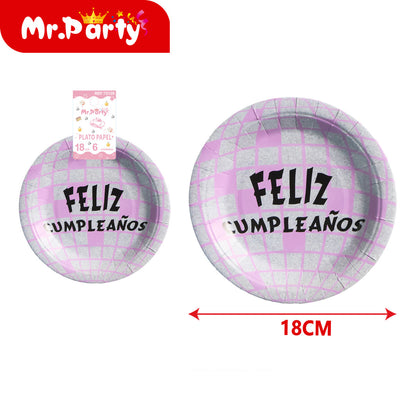 Platos de Papel Disco 18 cm (6 pzas) 🎉🪩 | Feliz Cumpleaños y Fiesta Temática- Mayoreo 12 pzas