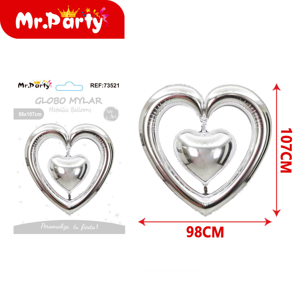 💖 Globo Mylar Corazón Doble 3D Metálico Gigante | 98x107 cm - Mayoreo 12 pzas