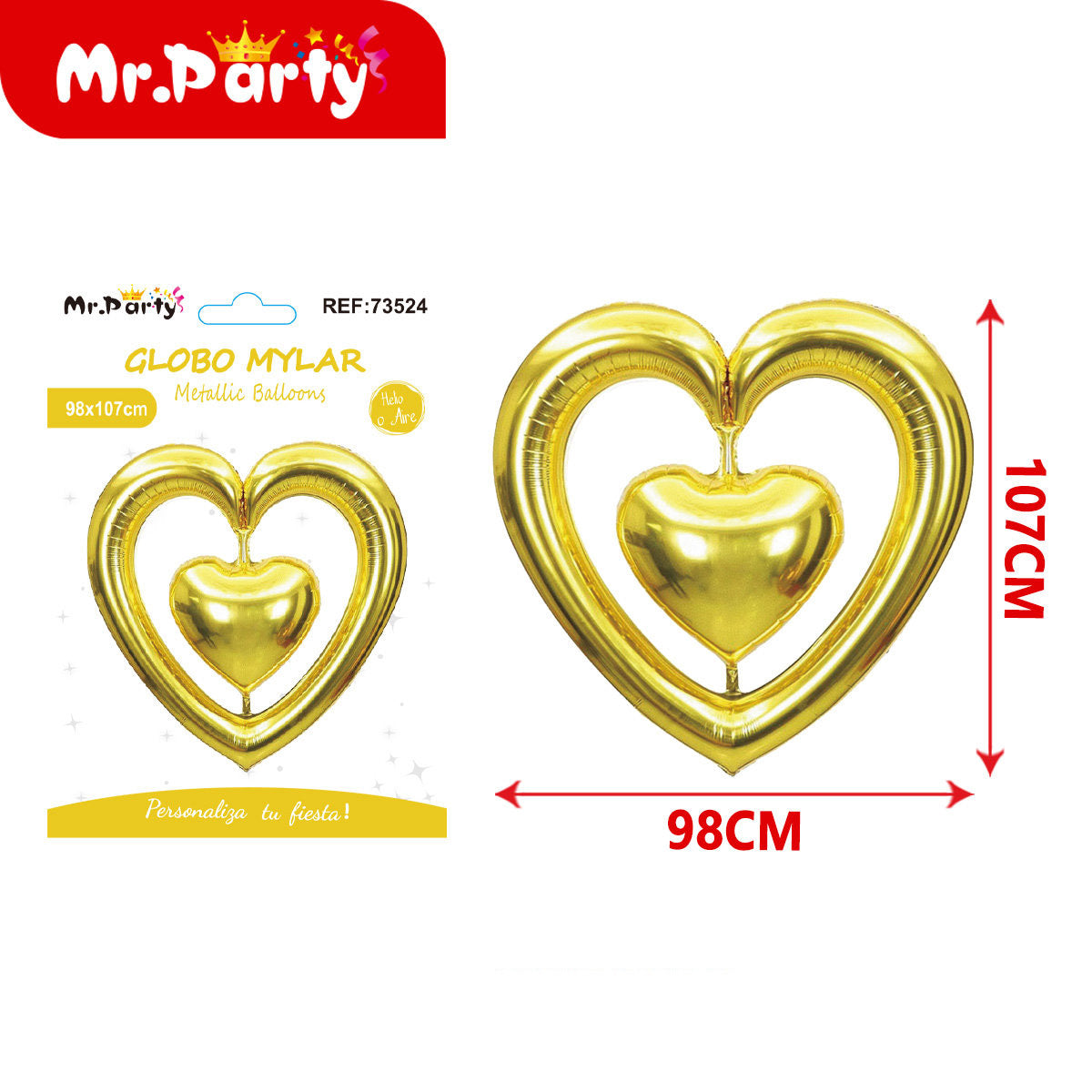💖 Globo Mylar Corazón Doble 3D Metálico Gigante | 98x107 cm - Mayoreo 12 pzas