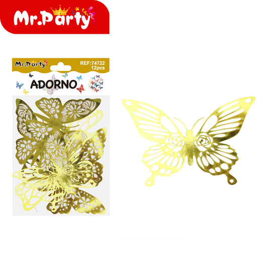 🦋✨ Adornos de Mariposa Tornasol con Detalle Dorado (Set 12 pzas) | Decoración para Fiesta