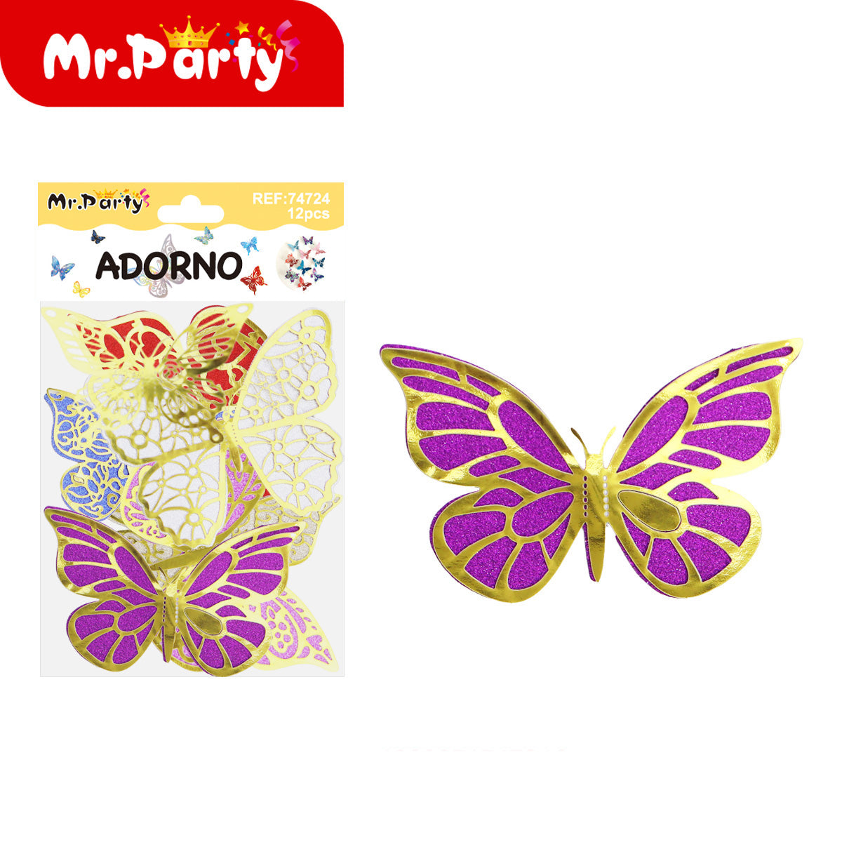 🦋✨ Adornos de Mariposa Tornasol con Detalle Dorado (Set 12 pzas) | Decoración para Fiesta