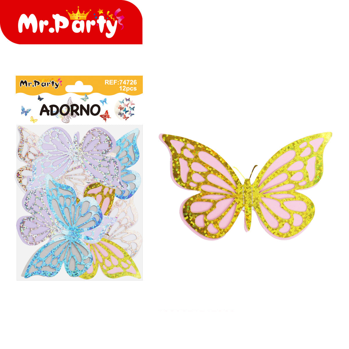 🦋✨ Adornos de Mariposa Tornasol con Detalle Dorado (Set 12 pzas) | Decoración para Fiesta
