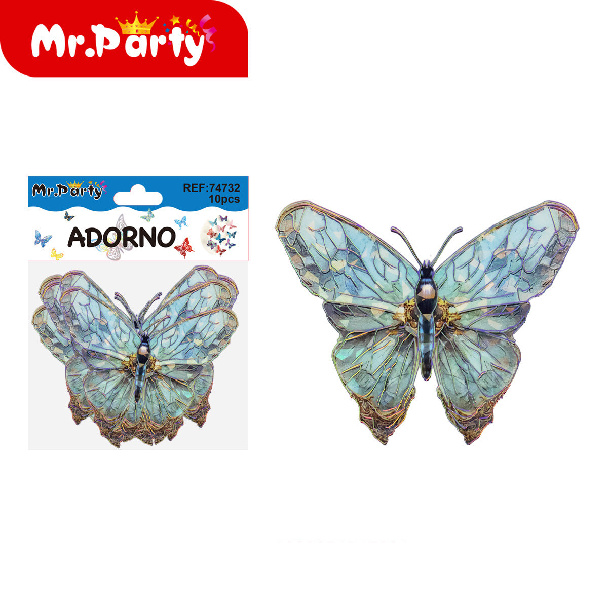 🦋✨ Adornos de Mariposa Tornasol con Detalle Dorado (Set 10 pzas) | Decoración para Fiesta- Mayoreo 12 pzas