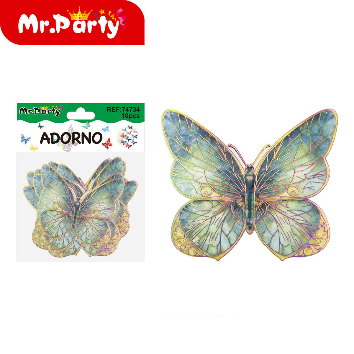 🦋✨ Adornos de Mariposa Tornasol con Detalle Dorado (Set 10 pzas) | Decoración para Fiesta- Mayoreo 12 pzas