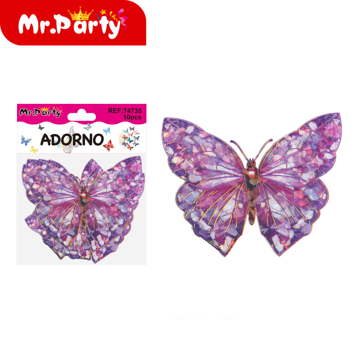 🦋✨ Adornos de Mariposa Tornasol con Detalle Dorado (Set 10 pzas) | Decoración para Fiesta- Mayoreo 12 pzas