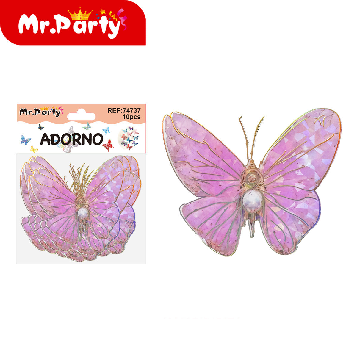 🦋✨ Adornos de Mariposa Tornasol con Detalle Dorado (Set 10 pzas) | Decoración para Fiesta