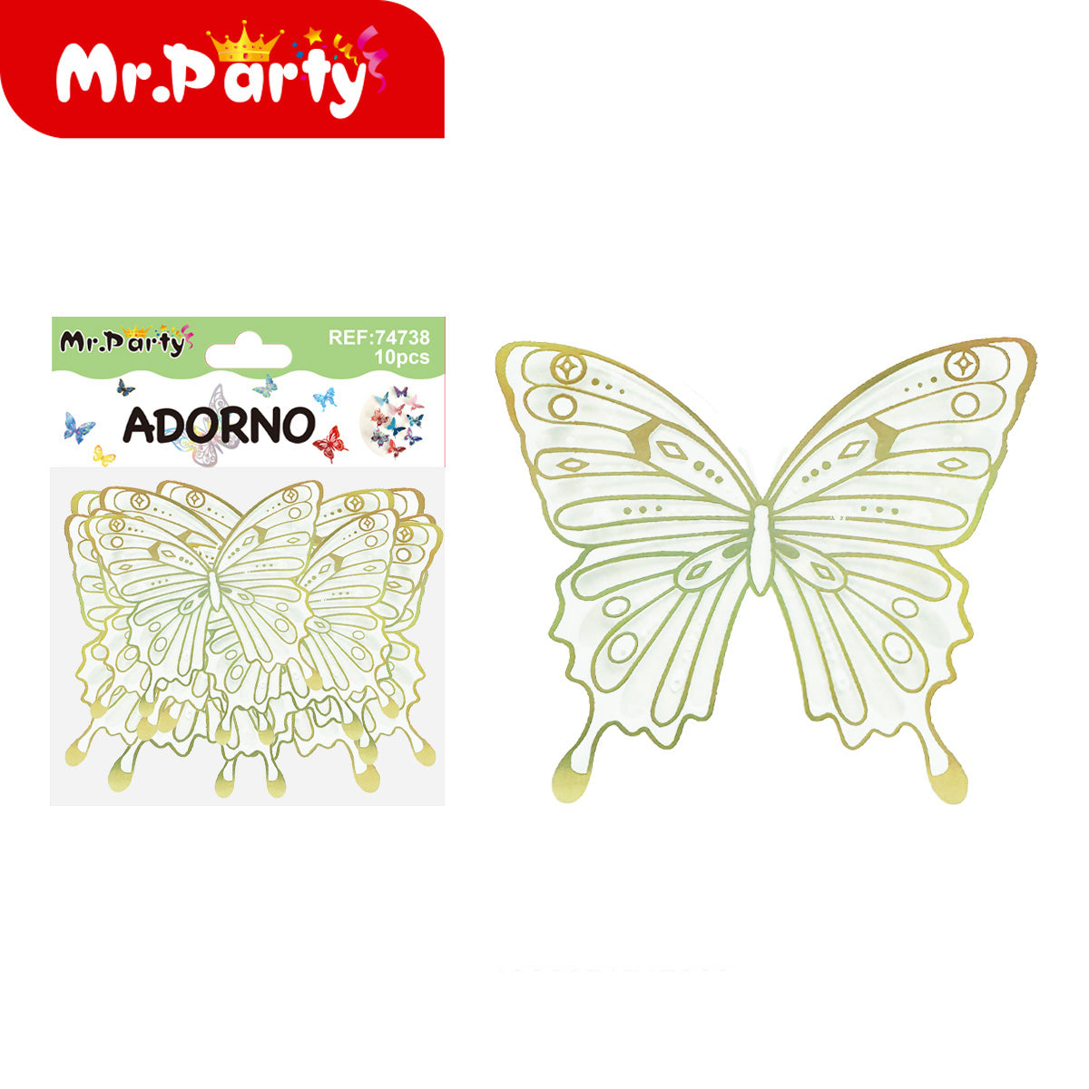 🦋✨ Adornos de Mariposa Tornasol con Detalle Dorado (Set 10 pzas) | Decoración para Fiesta- Mayoreo 12 pzas