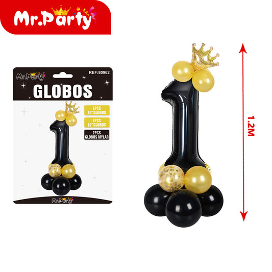 15 globos de látex y película de aluminio negro con corona d (12paquetes)