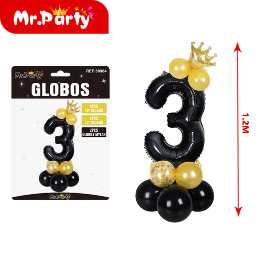 15 globos de látex y película de aluminio negro con corona d (12paquetes)