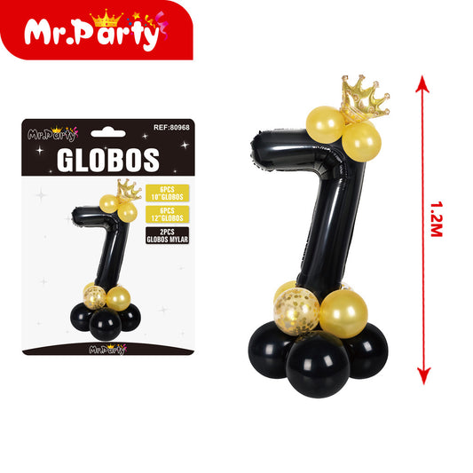 15 globos de látex y película de aluminio negro con corona d (12paquetes)