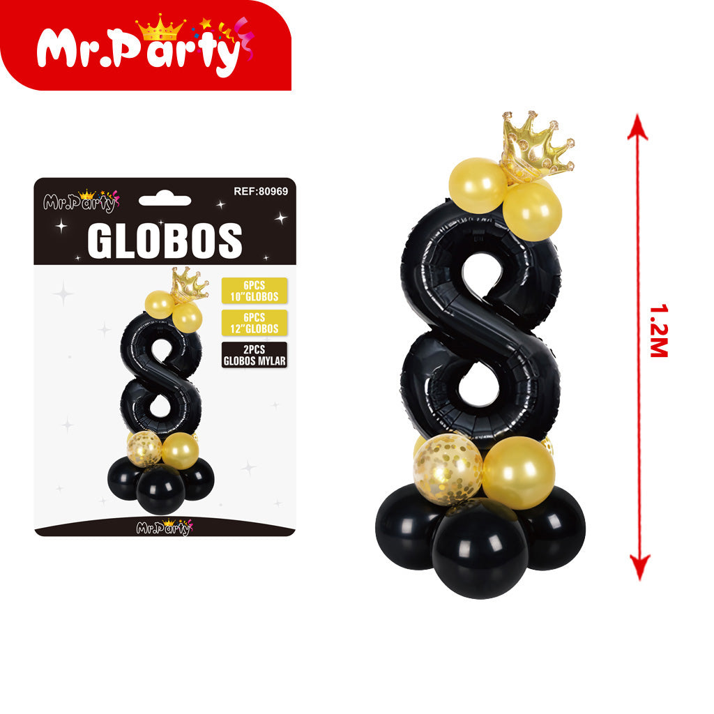 15 globos de látex y película de aluminio negro con corona d (12paquetes)