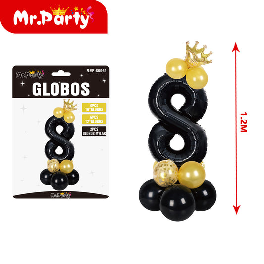 15 globos de látex y película de aluminio negro con corona d (12paquetes)