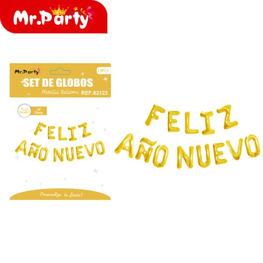Feliz año nuevo dorado 16" split (12paquetes)
