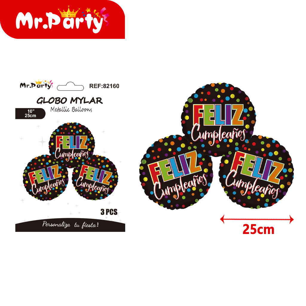 3 bolas de papel de aluminio de 10 pulgadas con feliz cumple (12paquetes)