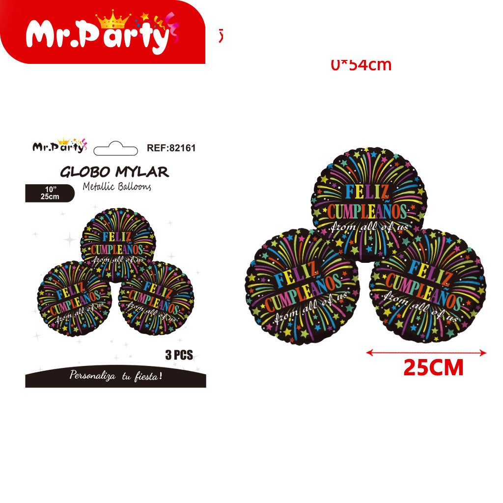 3 bolas de papel de aluminio de 10 pulgadas con feliz cumple (12paquetes)