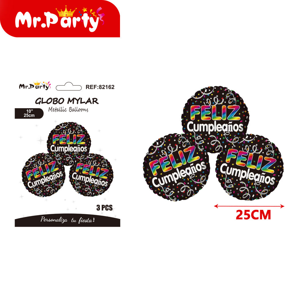 3 bolas de papel de aluminio de 10 pulgadas con feliz cumple (12paquetes)
