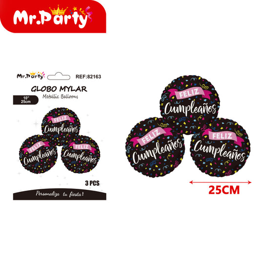 3 bolas de papel de aluminio de 10 pulgadas con feliz cumple (12paquetes)