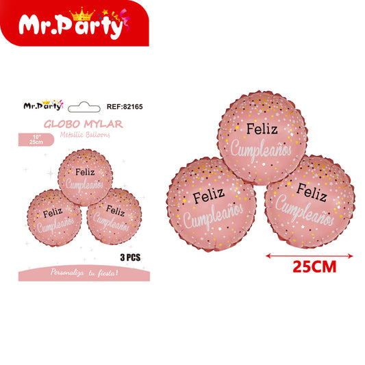 3 bolas de papel de aluminio de 10 pulgadas con feliz cumple (12paquetes)