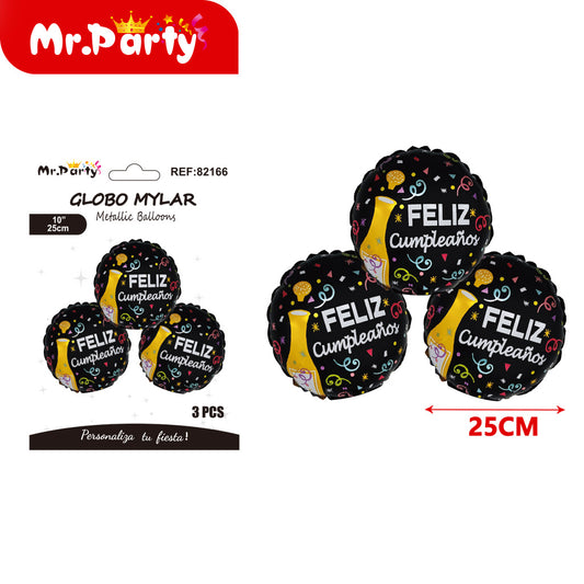 3 bolas de papel de aluminio de 10 pulgadas con feliz cumple (12paquetes)