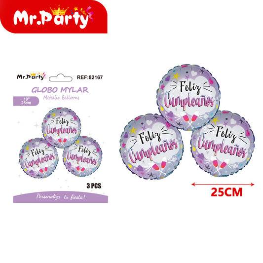3 bolas de papel de aluminio de 10 pulgadas con feliz cumple (12paquetes)