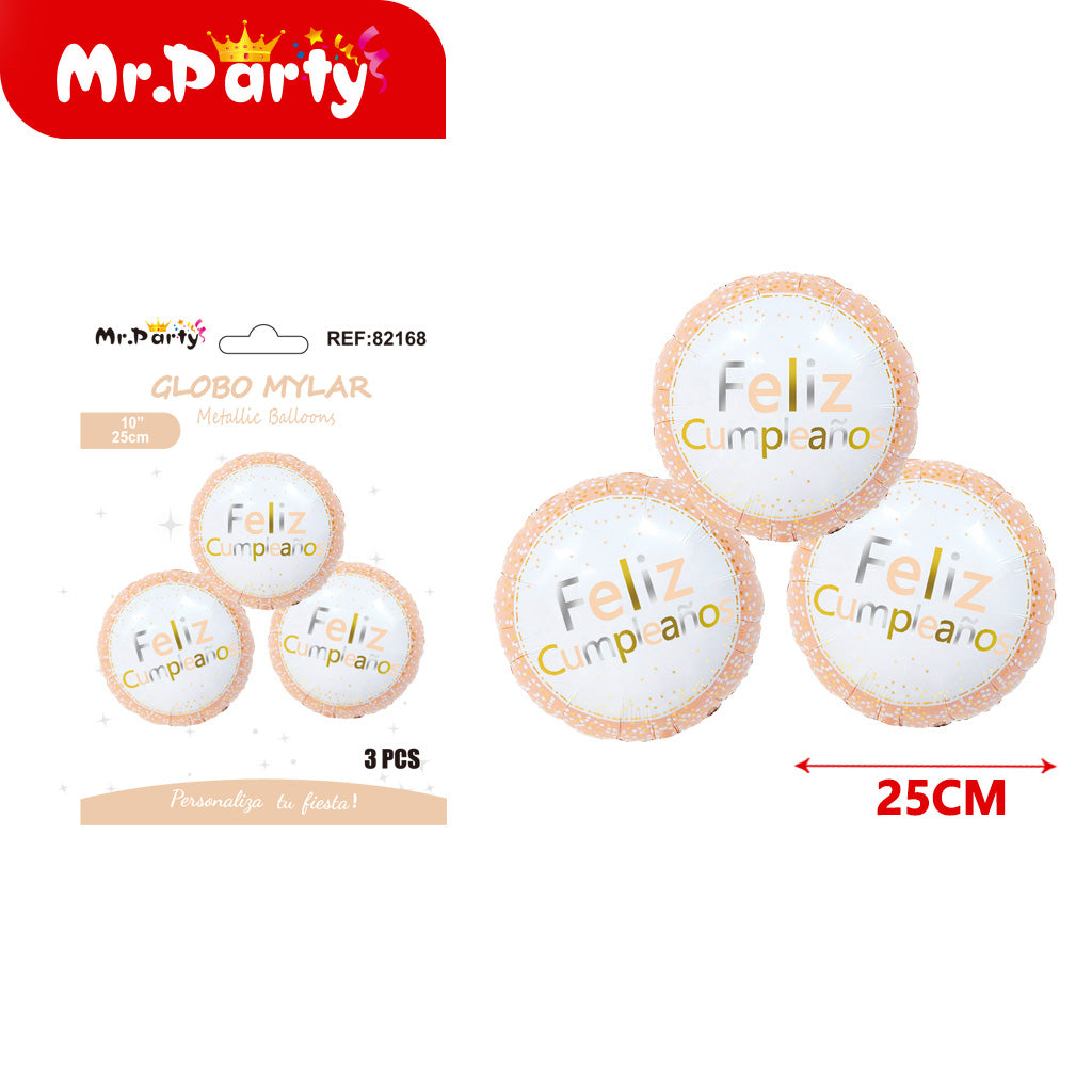 3 bolas de papel de aluminio de 10 pulgadas con feliz cumple (12paquetes)