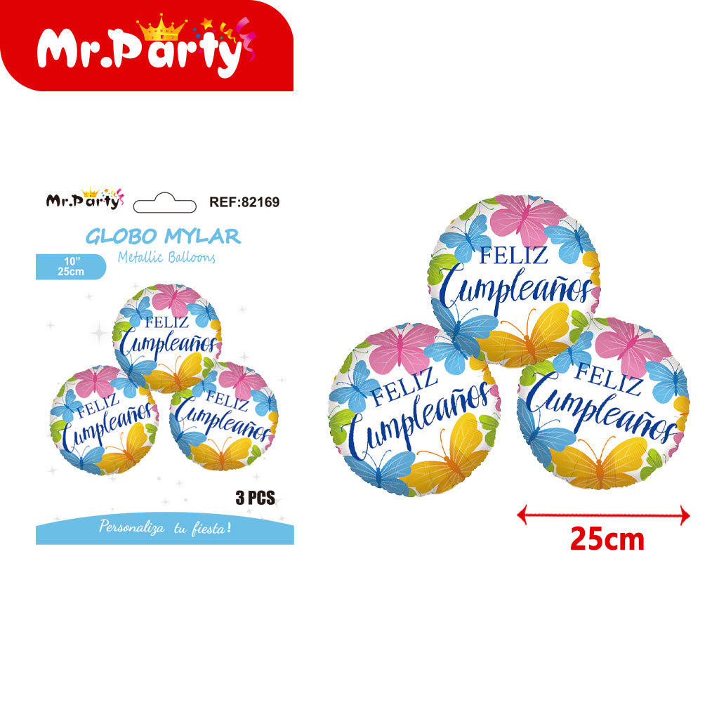 3 bolas de papel de aluminio de 10 pulgadas con feliz cumple (12paquetes)